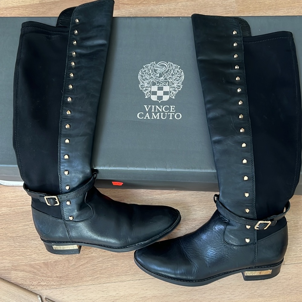 Vince Camuto Black Over the Knee Boots with Gold Accents